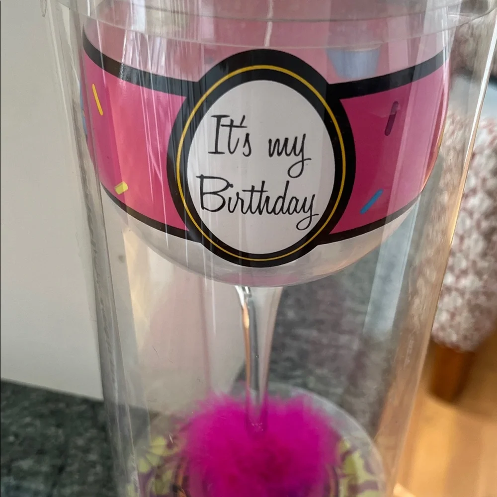 Pink “It’s My Birthday” Wine Glass with Pom-Pom Accent
